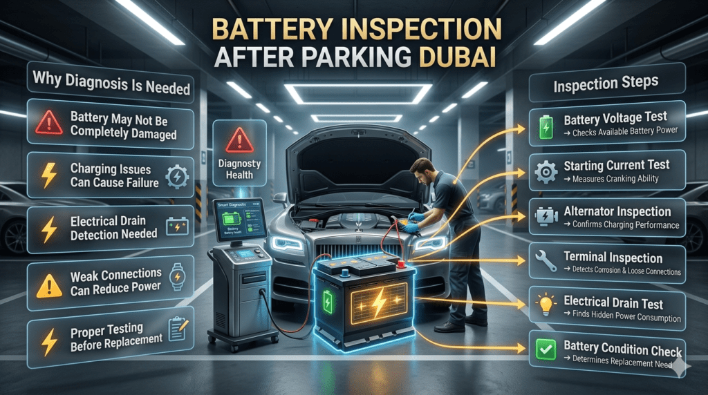 Battery inspection after parking Dubai showing professional diagnosis, voltage testing, charging check, and battery condition evaluation.