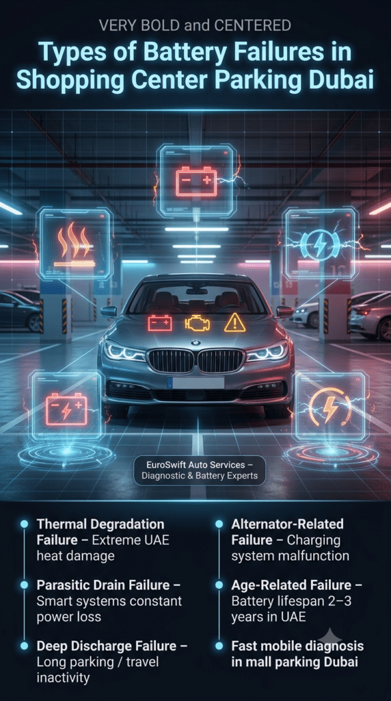 Infographic showing different types of car battery failures in Dubai shopping mall parking including thermal degradation, parasitic drain, deep discharge, alternator issues, and age-related failure.