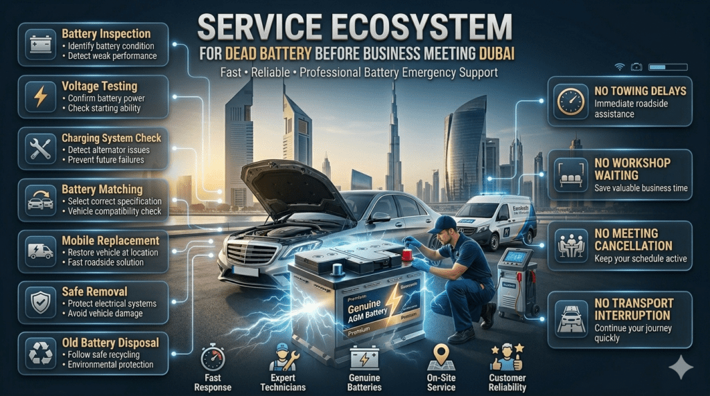Service ecosystem infographic showing premium dead battery replacement process before business meeting in Dubai with battery inspection, mobile replacement, and emergency roadside support.