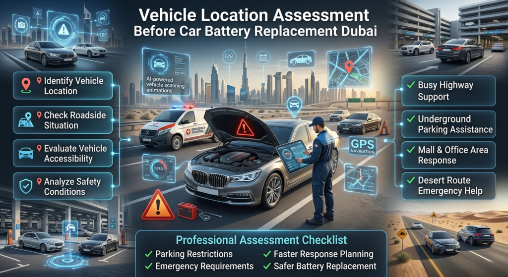 Vehicle location assessment before car battery replacement Dubai showing roadside inspection, safety evaluation, GPS tracking, and emergency assistance planning.