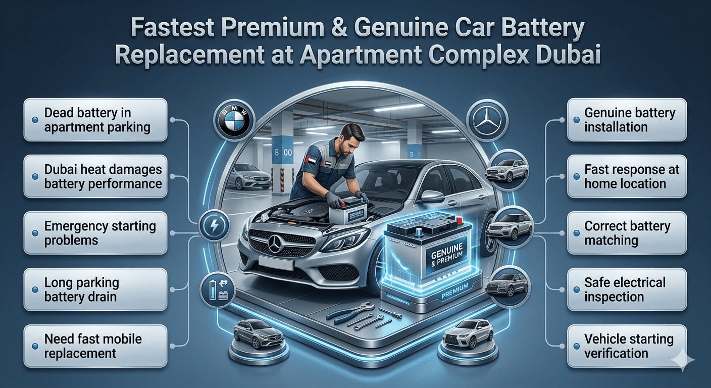 Fastest premium and genuine car battery replacement at apartment complex Dubai showing mobile battery service, luxury vehicles, and emergency battery solutions.
