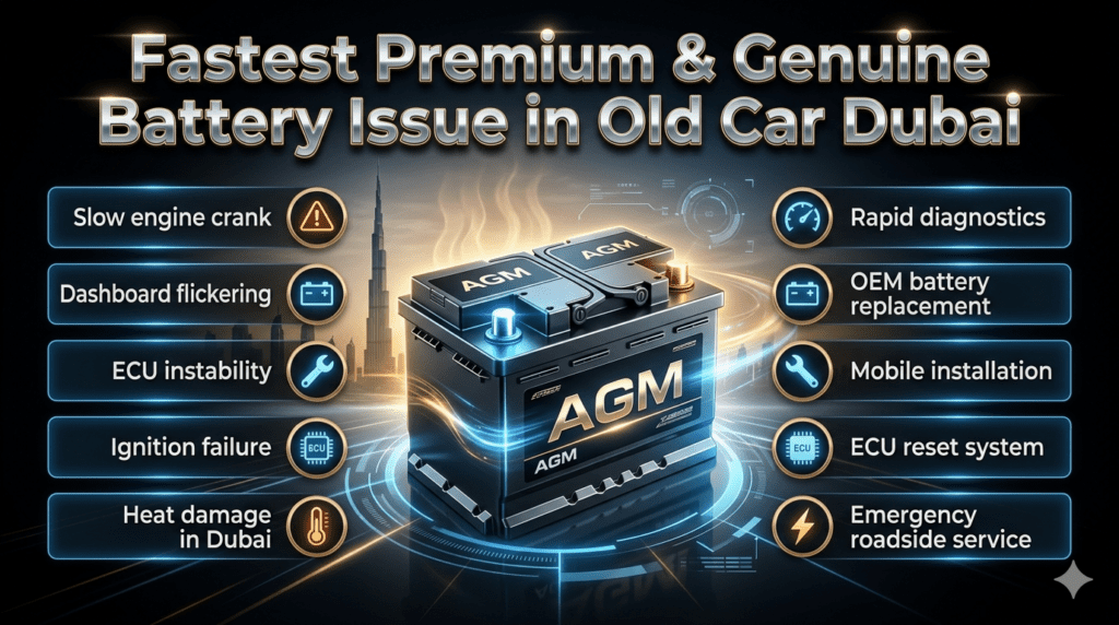 Luxury automotive infographic showing Fastest Premium & Genuine Battery issue in old car Dubai with central battery visual, Dubai skyline background, and side diagnostic points for failure and solutions.