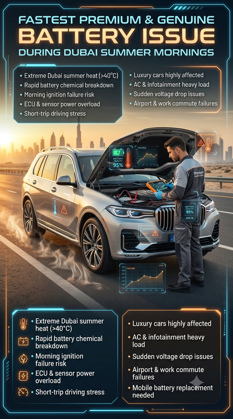 Luxury car battery failure in Dubai summer morning heat showing technician diagnosing Fastest Premium & Genuine Battery issue during extreme 40°C weather conditions with mobile roadside assistance service.
