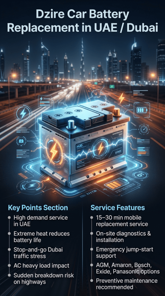Dzire Car Battery Replacement in UAE Dubai infographic showing battery replacement service, UAE heat impact, and mobile installation features with modern automotive design.