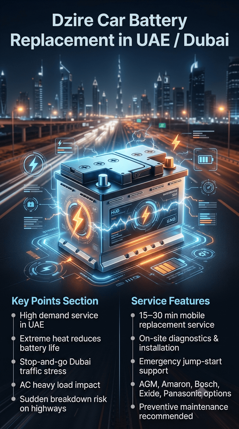 Dzire Car Battery Replacement in UAE Dubai infographic showing battery replacement service, UAE heat impact, and mobile installation features with modern automotive design.