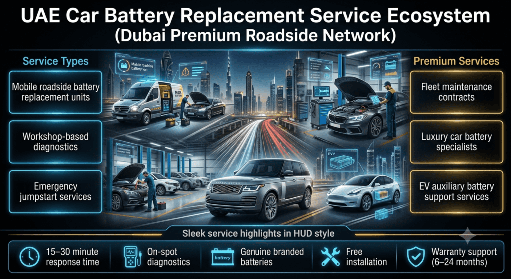 UAE Car Battery Replacement Service Ecosystem (Dubai Premium Roadside Network) Premium infographic showing UAE car battery service ecosystem including mobile roadside units, workshop diagnostics, jumpstart services, fleet contracts, luxury car specialists, and EV auxiliary support services.