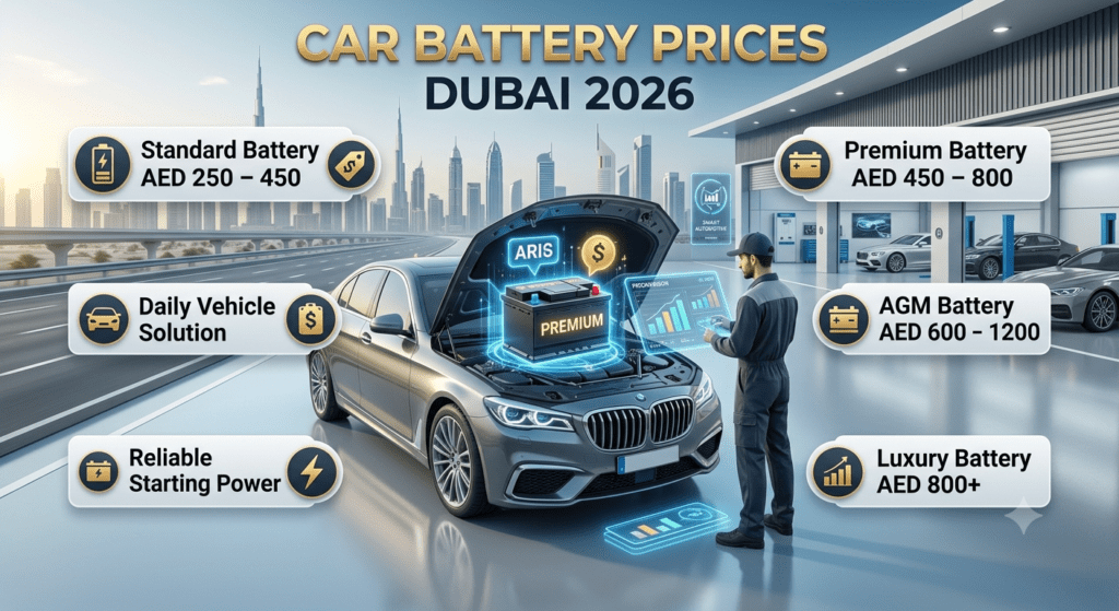 Car Battery Prices Dubai 2026 infographic showing standard, premium, AGM, and luxury vehicle battery price ranges.