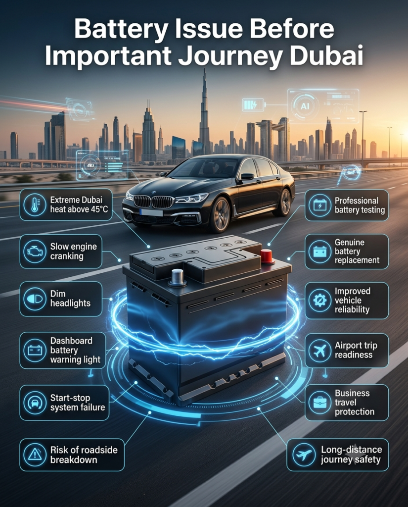 Professional automotive infographic showing a premium car battery in the center with a luxury vehicle and Dubai skyline background. The title "Battery Issue Before Important Journey Dubai" appears prominently at the top. Key warning signs, heat-related battery risks, travel safety tips, and battery replacement recommendations are displayed in animated callout panels around the central battery. High-end 3D design with glowing effects, futuristic automotive graphics, and premium branding elements.