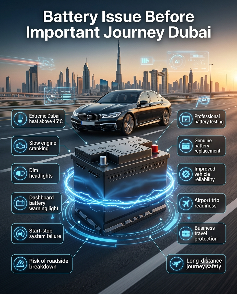 Professional automotive infographic showing a premium car battery in the center with a luxury vehicle and Dubai skyline background. The title "Battery Issue Before Important Journey Dubai" appears prominently at the top. Key warning signs, heat-related battery risks, travel safety tips, and battery replacement recommendations are displayed in animated callout panels around the central battery. High-end 3D design with glowing effects, futuristic automotive graphics, and premium branding elements.