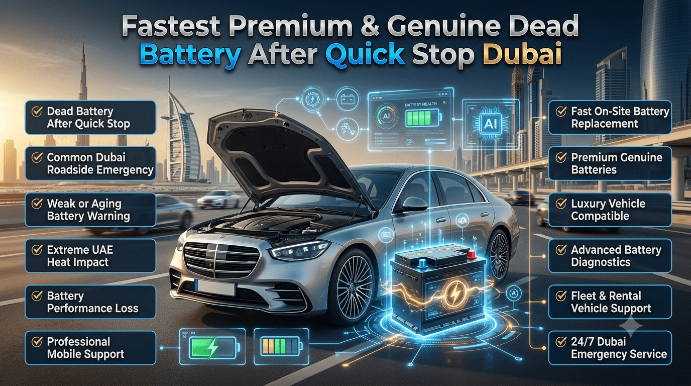 Fastest Premium & Genuine Dead Battery After Quick Stop Dubai infographic featuring a luxury vehicle, premium car battery, Dubai skyline background, and key battery replacement service benefits displayed in a professional automotive design.
