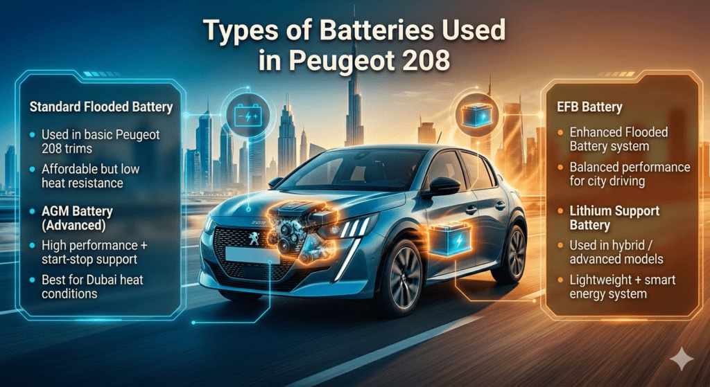 Infographic showing types of batteries used in Peugeot 208 including standard flooded battery, AGM battery, EFB battery, and lithium support battery with modern automotive UI design.