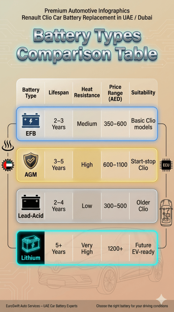 Comparison table showing Renault Clio car battery types in UAE including EFB, AGM, Lead-Acid, and Lithium with lifespan, heat resistance, pricing, and suitability.