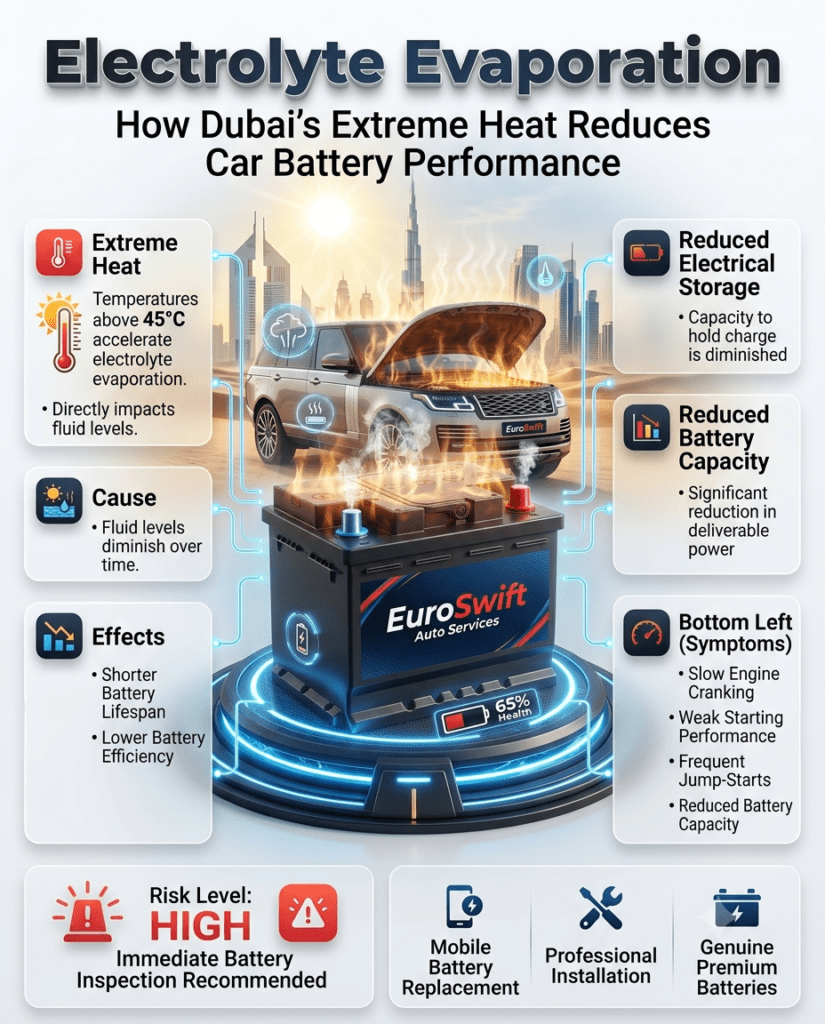 Electrolyte Evaporation infographic showing how Dubai's extreme heat causes battery fluid loss, reduces battery capacity, and leads to slow engine starting.