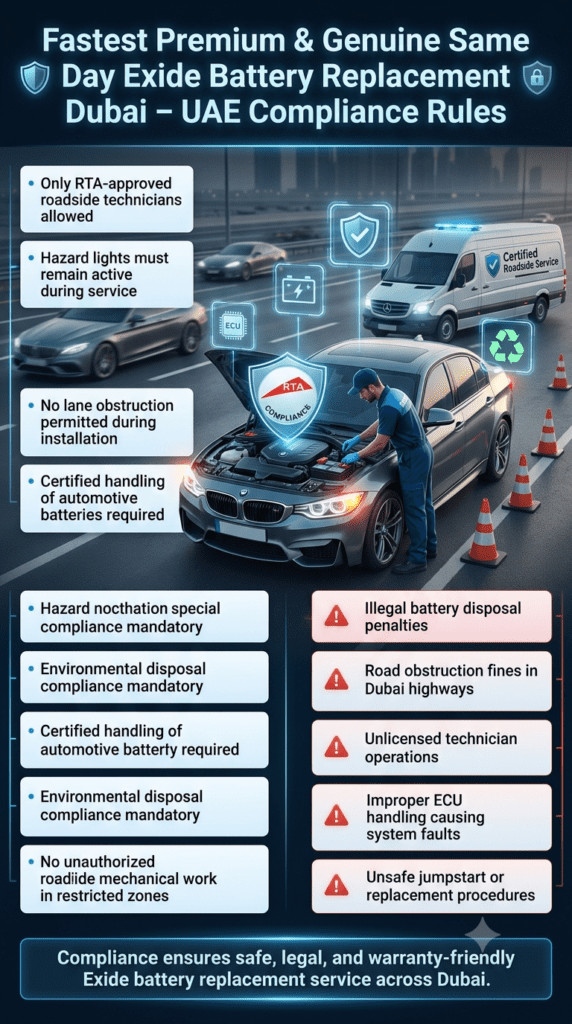 UAE compliance rules infographic for Fastest Premium & Genuine Same Day Exide Battery Replacement Dubai showing RTA-approved technicians, safety regulations, and roadside violation warnings.