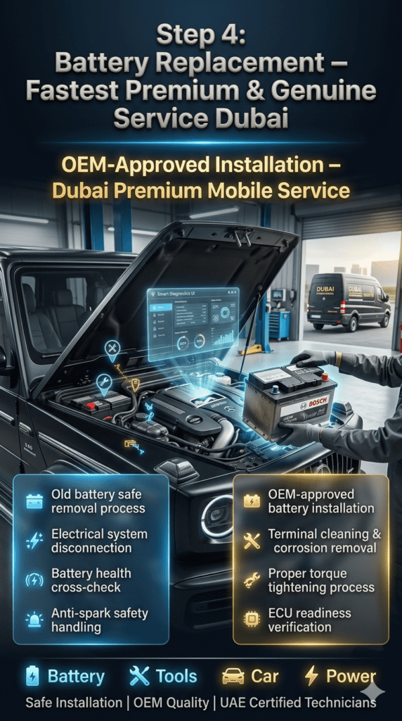 Luxury automotive infographic showing car battery replacement process in Dubai including old battery removal, OEM installation, and terminal cleaning by technician.