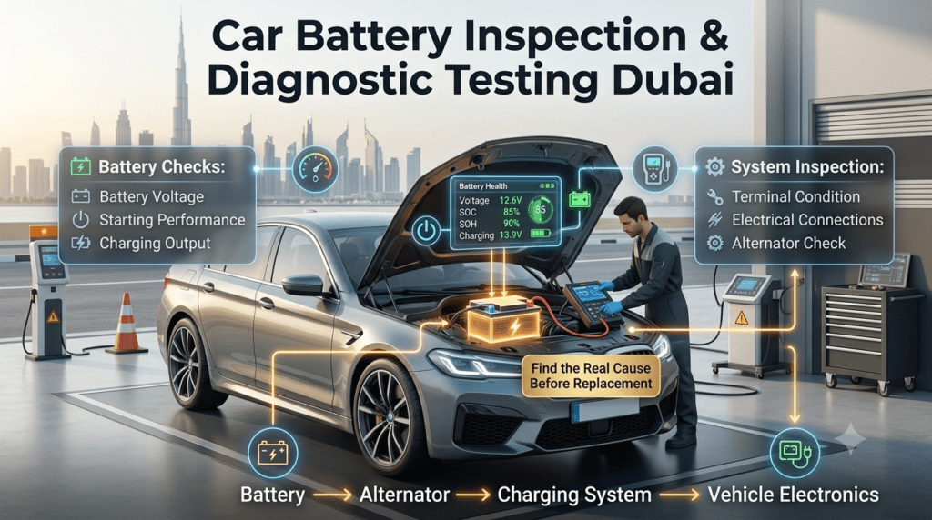 Car battery inspection and diagnostic testing Dubai showing voltage check, starting performance test, charging output inspection, and electrical system evaluation