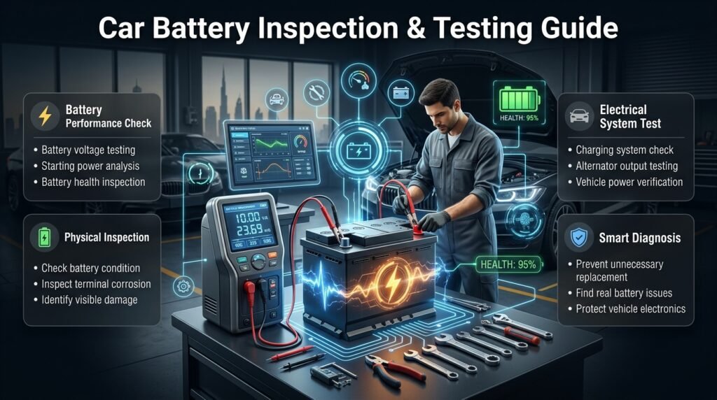 Professional car battery inspection guide showing voltage testing, starting capacity check, terminal inspection, charging system analysis, and alternator output testing.