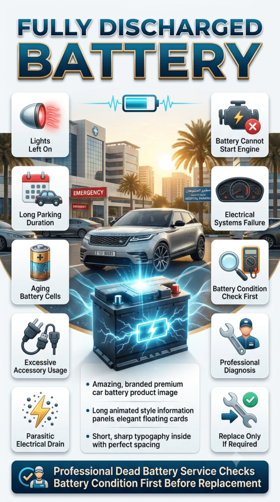 Fully discharged car battery causes and professional diagnosis guide showing battery failure reasons, warning signs, and replacement advice.
