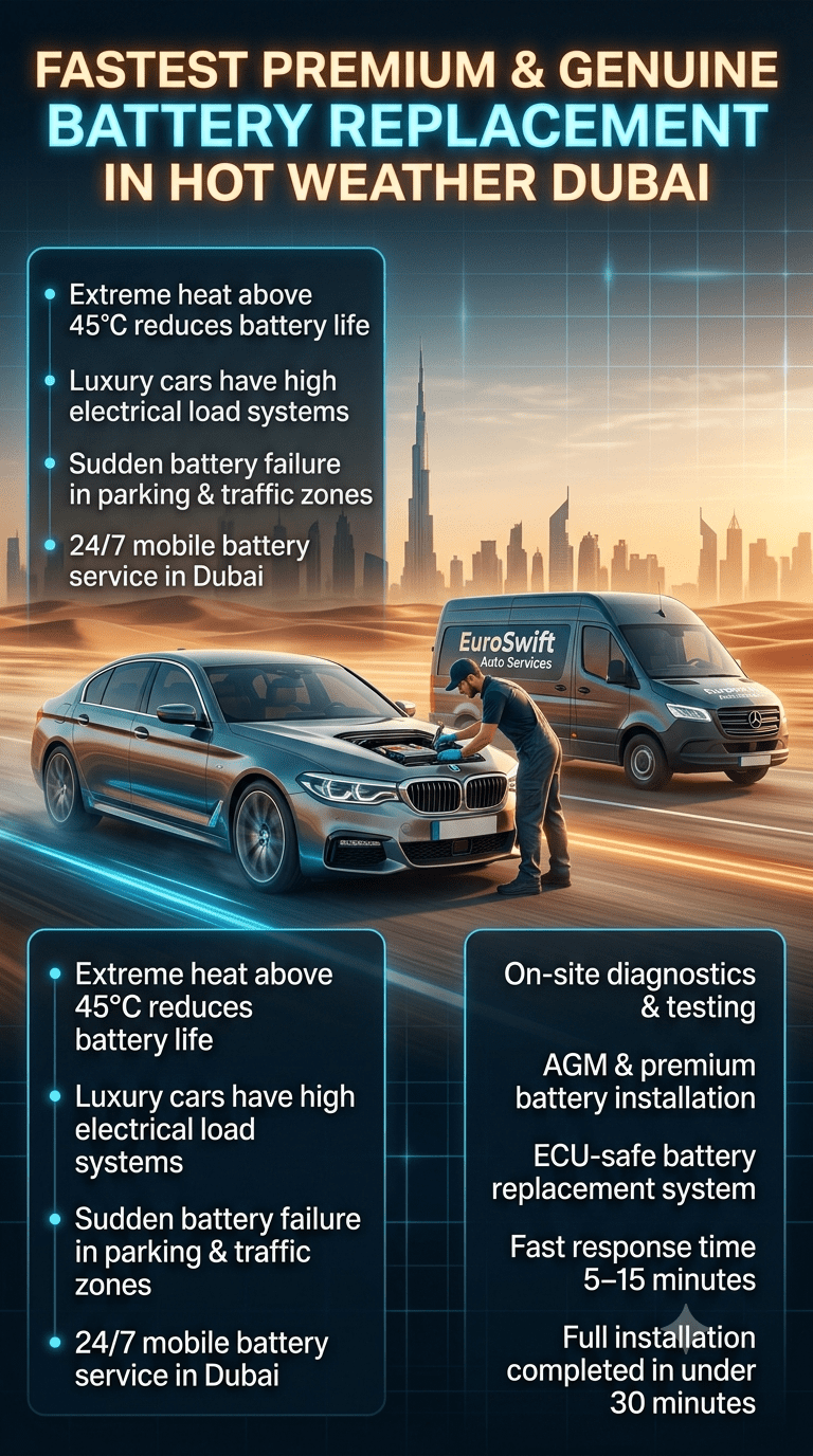 Luxury automotive infographic showing fast mobile car battery replacement service in Dubai heat, with technician replacing battery on a luxury vehicle, Dubai skyline background, and service information panels.