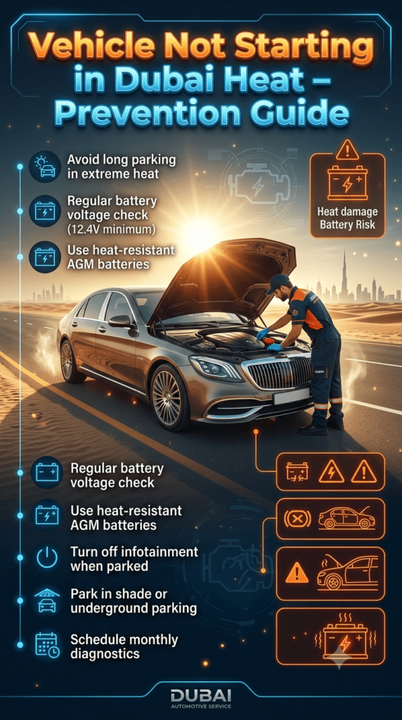 Dubai Heat Vehicle Not Starting β Prevention & Battery Care Guide Infographic showing prevention tips for vehicle battery failure in Dubai extreme heat, including maintenance, parking advice, and battery care guidelines.