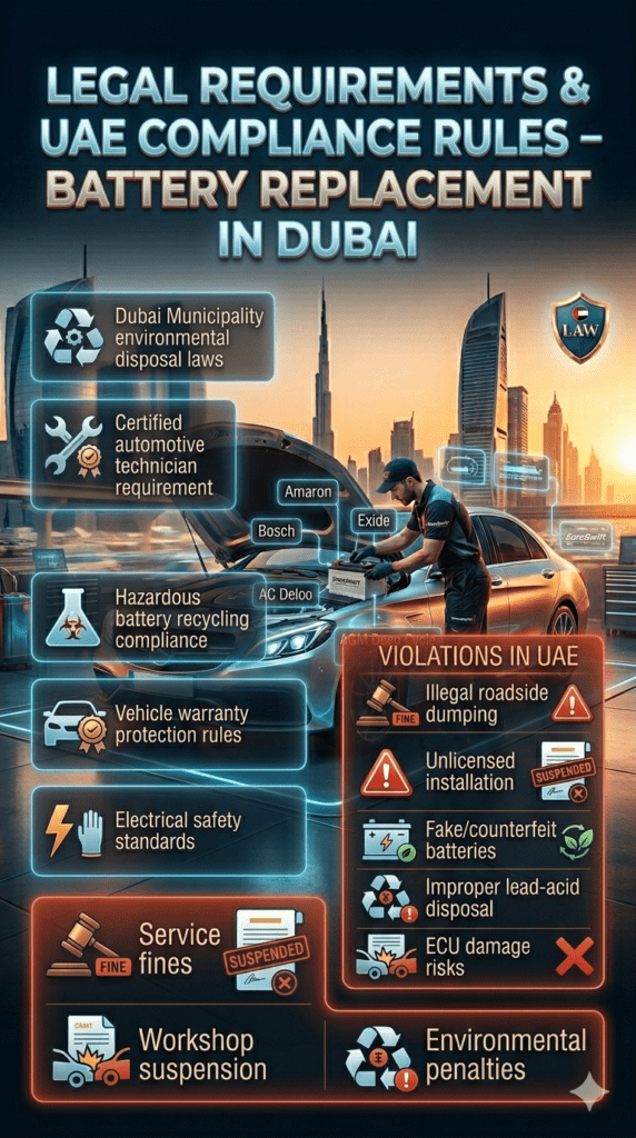 Dubai car battery replacement compliance infographic showing laws, violations, and penalties with premium automotive design.