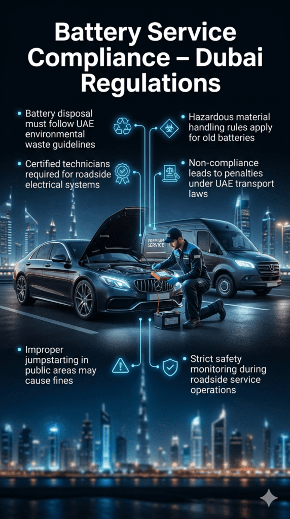 Battery Service Compliance Regulations in Dubai – Safety & Environmental Guidelines Dubai battery service compliance infographic showing environmental rules, certified technicians, safety regulations, and roadside battery handling guidelines with a modern automotive service center illustration.