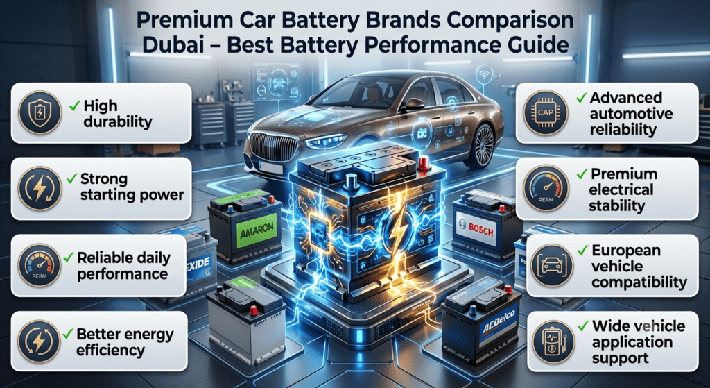 Premium car battery brands comparison showing durability, reliability, efficiency, and vehicle compatibility for Dubai drivers