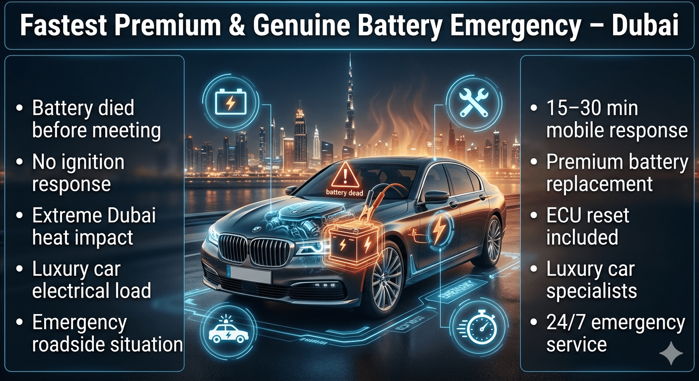 Luxury car battery emergency infographic showing fast mobile battery replacement service in Dubai with problem and solution highlights.