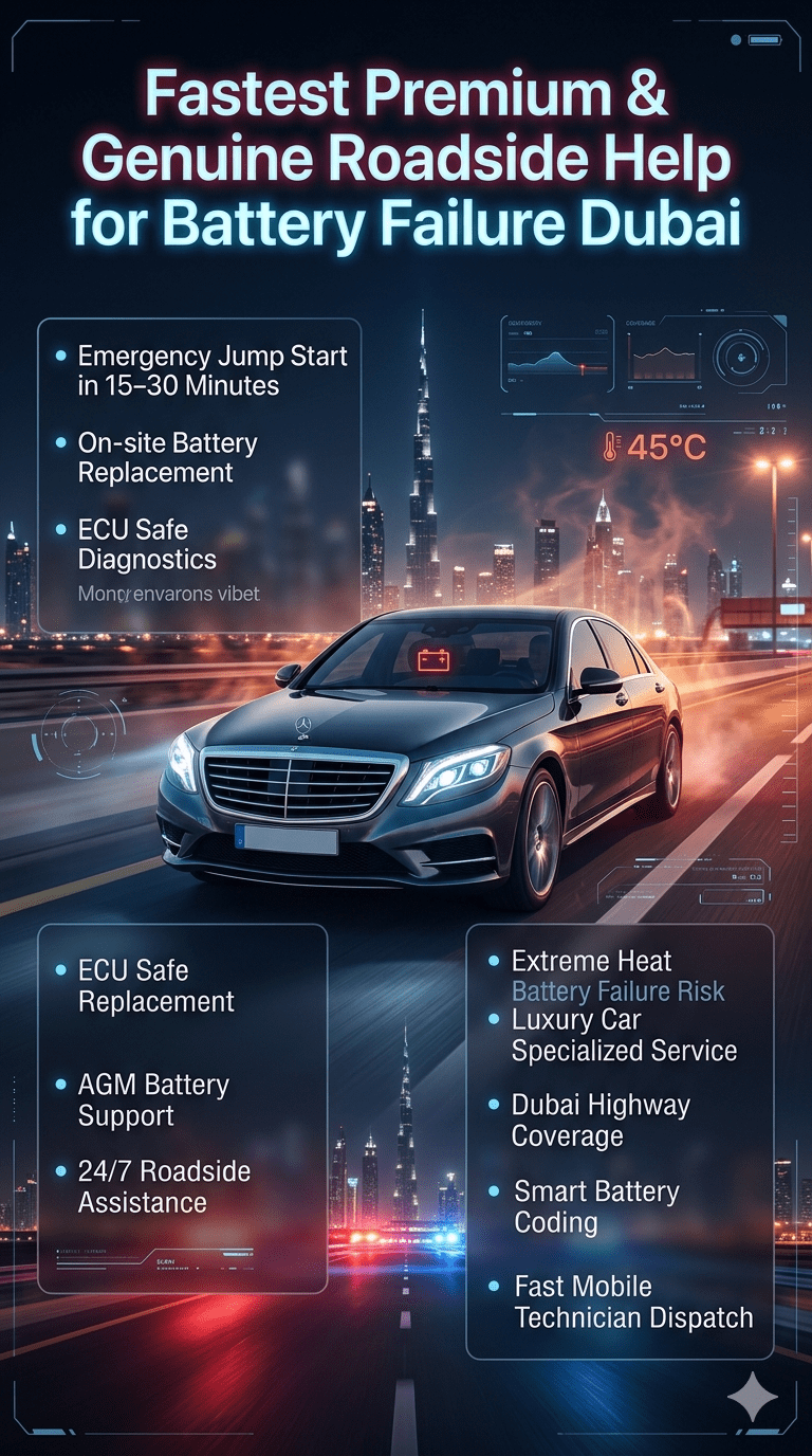 Luxury roadside assistance infographic showing fastest premium and genuine battery failure support service in Dubai with luxury car, emergency diagnostics, and 24/7 mobile battery replacement system.
