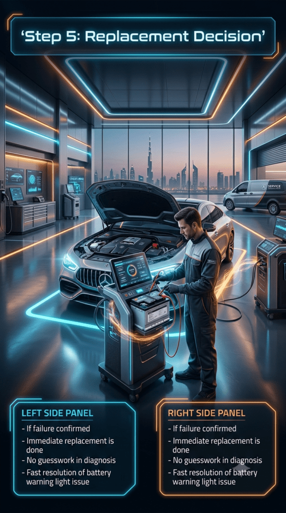 Premium automotive infographic showing Step 5: Replacement Decision in a Dubai luxury workshop with a mechanic testing a car battery and futuristic side panels listing diagnostic steps.