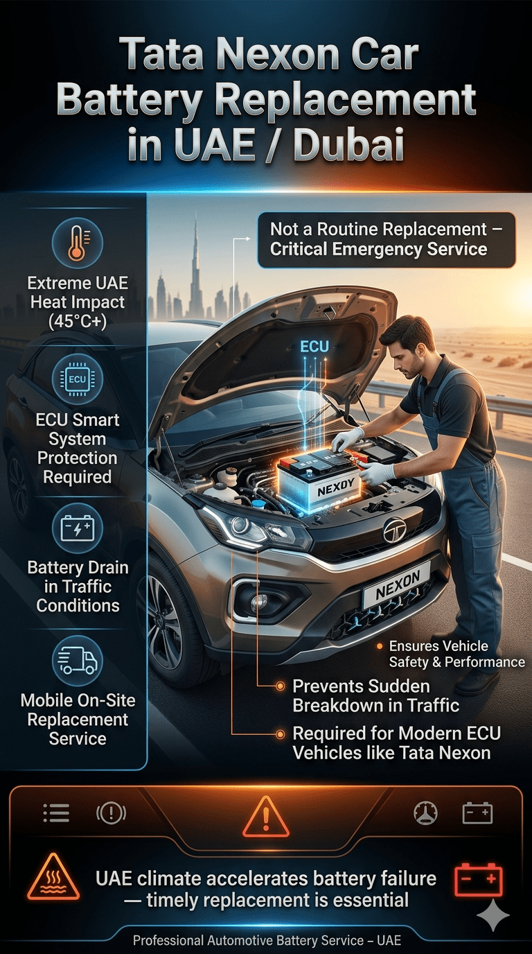 A premium infographic showing Tata Nexon car battery replacement in UAE with technician installation, heat impact points, ECU protection notes, and Dubai automotive service environment.