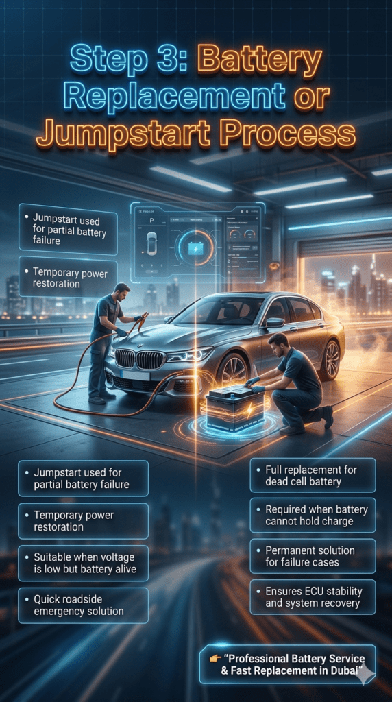 Automotive infographic showing step 3 battery service process in Dubai including jumpstart for partial failure and full battery replacement for dead cell conditions.