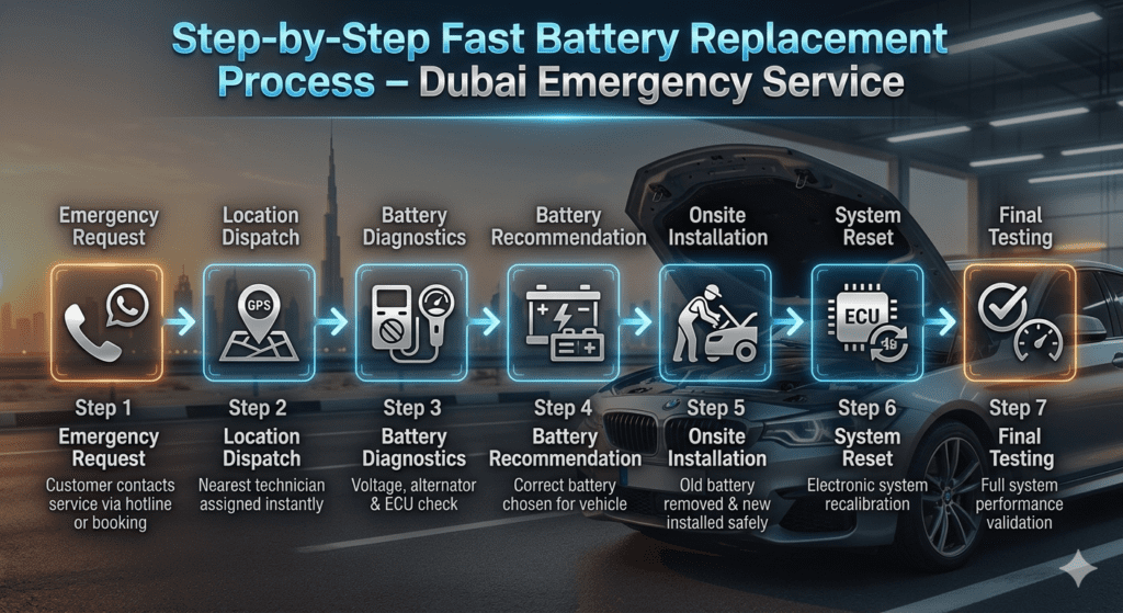 Step-by-step infographic showing emergency car battery replacement process in Dubai with 7 stages from request to final testing.
