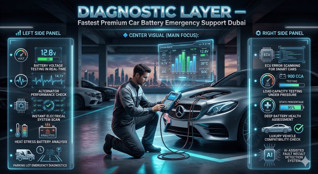 Car battery diagnostic layer in Dubai showing technician performing voltage testing, alternator check, ECU scanning, and load capacity testing on luxury car in parking lot.