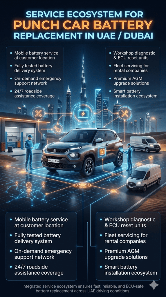 Service Ecosystem for Punch Car Battery Replacement in UAE / Dubai – Smart Automotive Network Guide “Futuristic infographic showing Tata Punch connected to mobile, workshop, roadside, fleet, and premium battery services in a glowing UAE automotive ecosystem.”