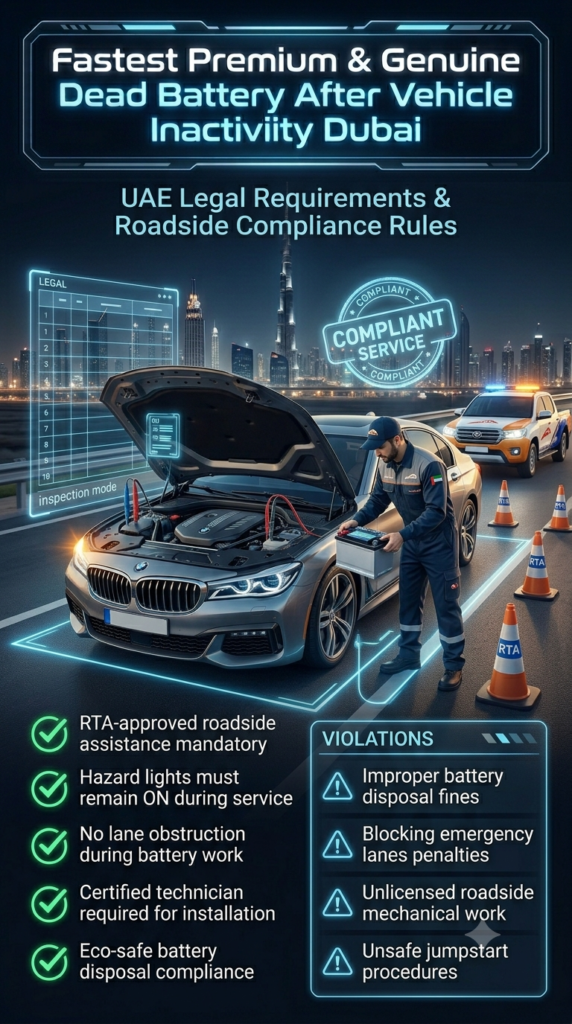 Fastest Premium & Genuine Dead Battery After Vehicle Inactivity Dubai โ UAE Legal Compliance Rules Luxury automotive compliance infographic showing UAE legal requirements for dead battery roadside service in Dubai, featuring a technician, luxury car, RTA safety rules, and violation warnings.
