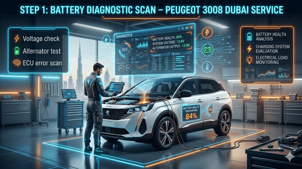 Peugeot 3008 SUV in a futuristic Dubai workshop being scanned with diagnostic tools showing battery voltage, alternator test, and ECU error scan on a digital interface.