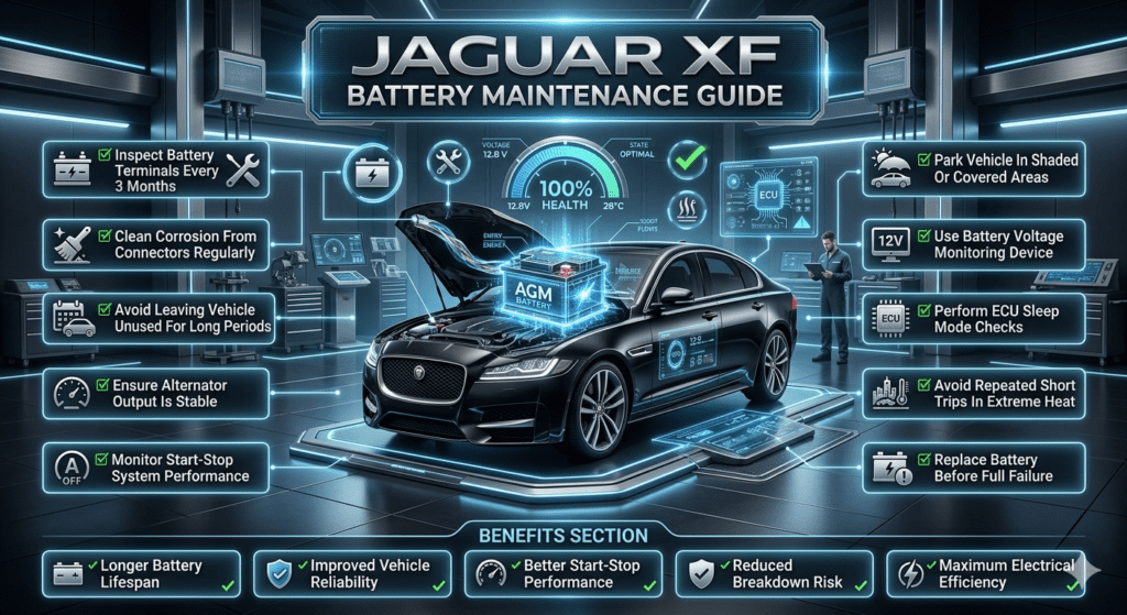 Jaguar XF battery maintenance infographic showing terminal inspection, corrosion cleaning, voltage monitoring, ECU checks, and heat protection recommendations.