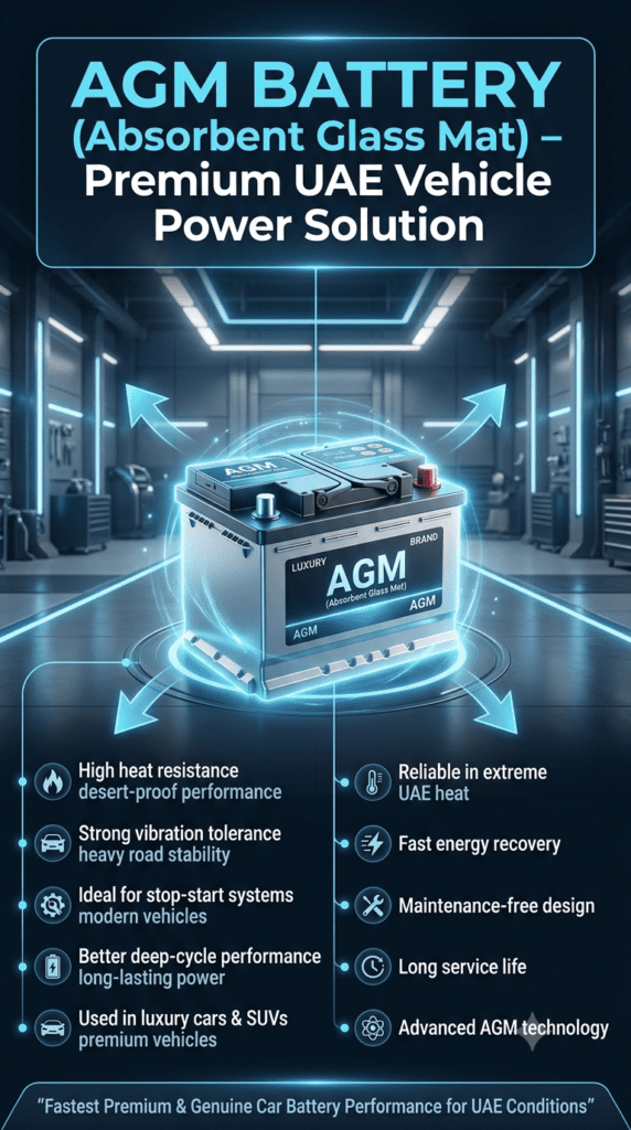 Premium infographic showing AGM (Absorbent Glass Mat) battery technology for UAE vehicles, highlighting heat resistance, vibration tolerance, stop-start system compatibility, and use in luxury cars, with a central 3D battery design and feature points on both sides.