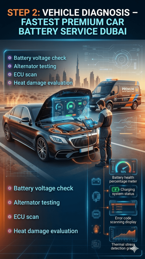 Luxury Dubai roadside car diagnostic scene showing battery voltage check, alternator testing, ECU scan, and heat damage evaluation using advanced automotive scanner tools.