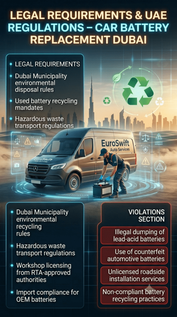 Legal Requirements & UAE Regulations for Car Battery Replacement in Dubai Infographic showing legal requirements and UAE regulations for car battery replacement in Dubai, including environmental rules, recycling laws, and violation warnings, with a professional automotive compliance design.