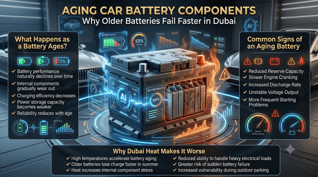 Create an ultra-premium 8K automotive infographic focused on aging car battery components and battery performance decline in Dubai.

At the top center in bold luxury typography display:

AGING CAR BATTERY COMPONENTS
Why Older Batteries Fail Faster in Dubai

Place a highly realistic premium car battery in the center of the design.

The battery should visually show different aging stages through advanced futuristic diagnostics, holographic battery health indicators, declining performance graphs, and internal component wear visualization.

Use a modern Dubai automotive environment with luxury vehicle elements, advanced technology graphics, and professional commercial advertising quality.

Left Side Information Panel
What Happens as a Battery Ages?

✔ Battery performance naturally declines over time

✔ Internal components gradually wear out

✔ Charging efficiency decreases

✔ Power storage capacity becomes weaker

✔ Reliability reduces with age

Use futuristic battery health icons and diagnostic graphics.

Right Side Information Panel
Common Signs of an Aging Battery

✔ Reduced Reserve Capacity

✔ Slower Engine Cranking

✔ Increased Discharge Rate

✔ Unstable Voltage Output

✔ More Frequent Starting Problems

Show animated automotive warning indicators and battery performance gauges.

Bottom Information Section
Why Dubai Heat Makes It Worse

✔ High temperatures accelerate battery aging

✔ Older batteries lose charge faster in summer

✔ Heat increases internal component stress

✔ Reduced ability to handle heavy electrical loads

✔ Greater risk of sudden battery failure

✔ Increased vulnerability during outdoor parking

Center Visual Effects
Premium realistic battery model
Battery health percentage display gradually decreasing
Futuristic AI battery diagnostic interface
Internal battery cutaway showing worn plates
Heat wave effects around battery
Glowing warning indicators
Luxury automotive technology theme
Floating performance statistics
Digital lifespan timeline graphics
Advanced battery monitoring visuals
Design Style
Ultra realistic 3D rendering
Luxury automotive advertising quality
Premium infographic layout
Dubai automotive industry theme
Modern battery technology visuals
Holographic diagnostic screens
Blue electric energy effects
Orange heat warning accents
High readability typography
Google Discover optimized design
Professional SEO blog hero image
HDR lighting
8K ultra-high resolution
Sharp details
Wide landscape format 16:9
No watermark
No clutter
Premium commercial marketing standard

Style Reference: Luxury battery replacement campaign, futuristic automotive diagnostic infographic, premium UAE roadside assistance advertisement, high-end automotive technology poster.
