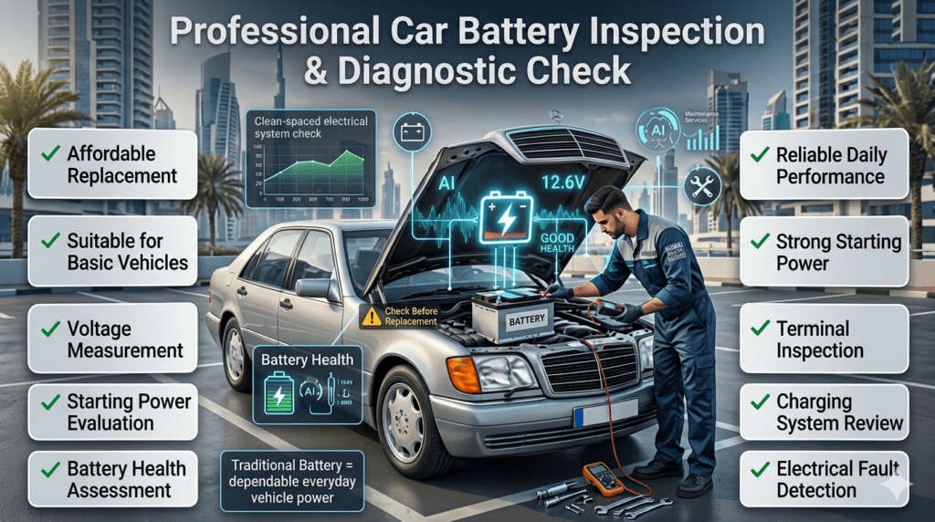 Professional car battery inspection with voltage testing, starting power evaluation, terminal check, and charging system diagnosis