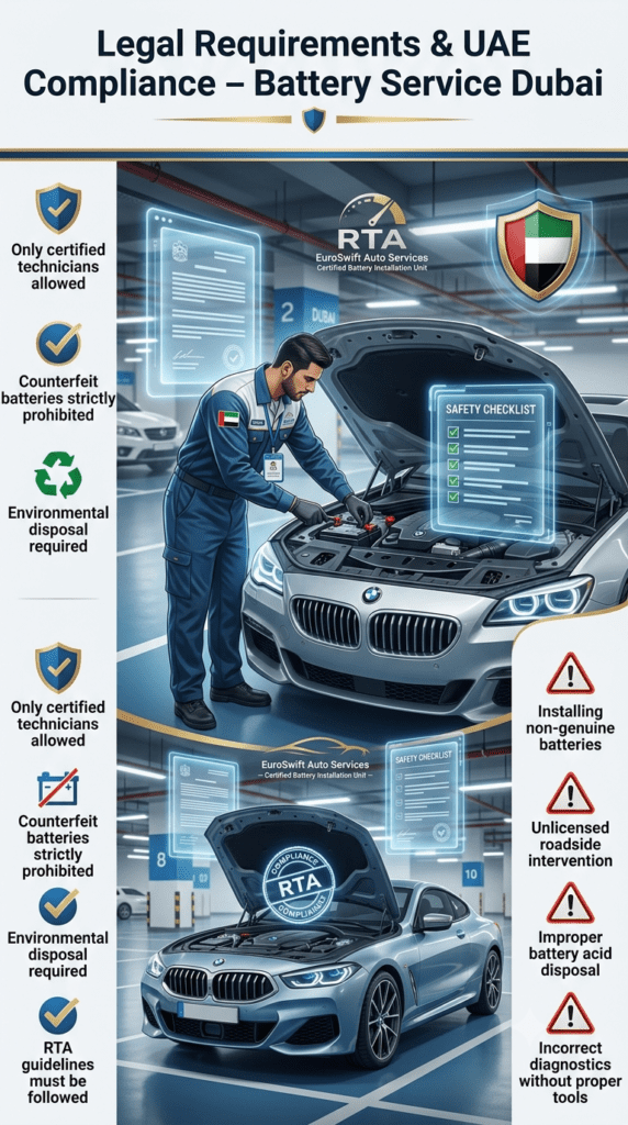 Infographic showing UAE legal compliance rules for car battery replacement in Dubai including certified technicians, counterfeit battery restrictions, RTA guidelines, and violation warnings.