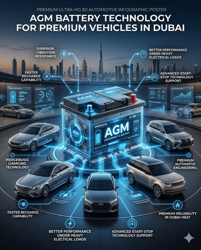 AGM battery technology infographic showing premium battery advantages for BMW, Mercedes-Benz, Audi, Range Rover, and Lexus vehicles in Dubai.