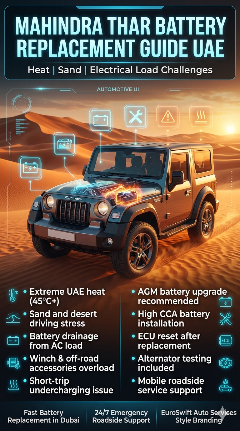 Mahindra Thar SUV infographic showing battery replacement issues in UAE heat with desert background, key problems and solutions listed on side panels, and premium automotive service theme.