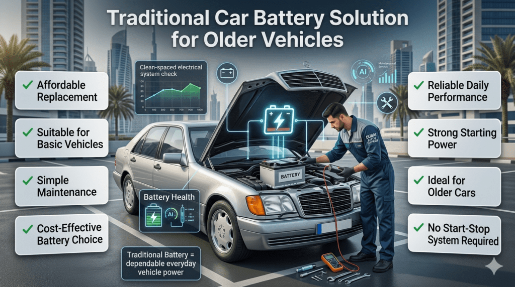 Traditional car battery solution for older vehicles with affordable replacement, simple maintenance, and reliable daily performance