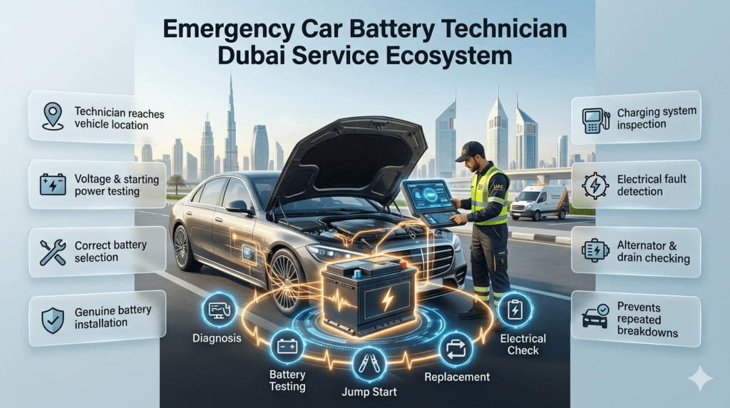 Emergency car battery technician Dubai service ecosystem showing battery diagnosis, testing, replacement, electrical checks, and roadside assistance.