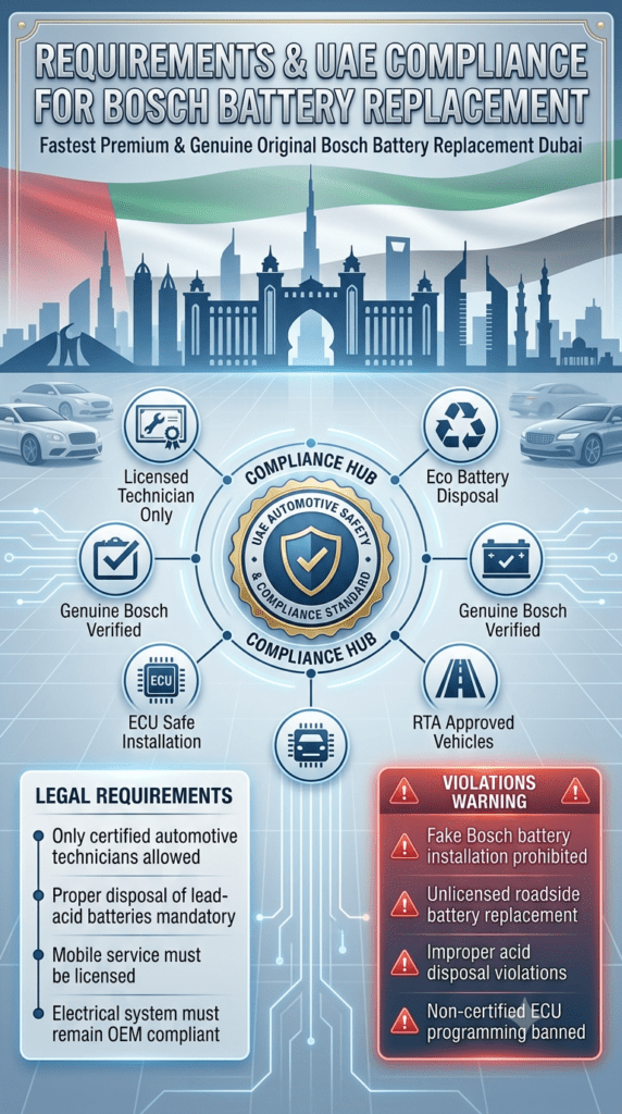 Infographic showing UAE legal requirements and compliance rules for Bosch battery replacement in Dubai including licensing, disposal rules, and violations.