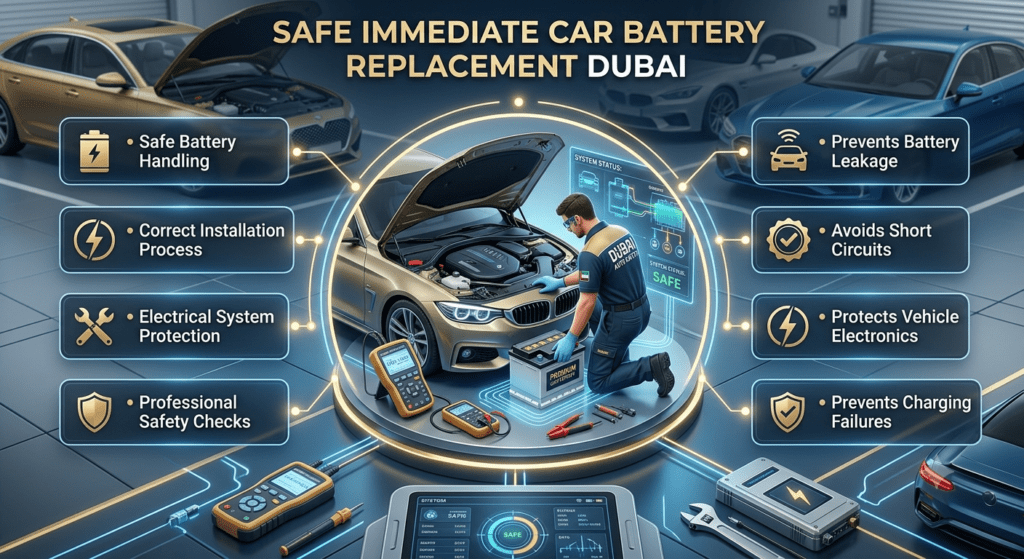 Professional immediate car battery replacement Dubai service with safe installation and protection of vehicle electrical systems.